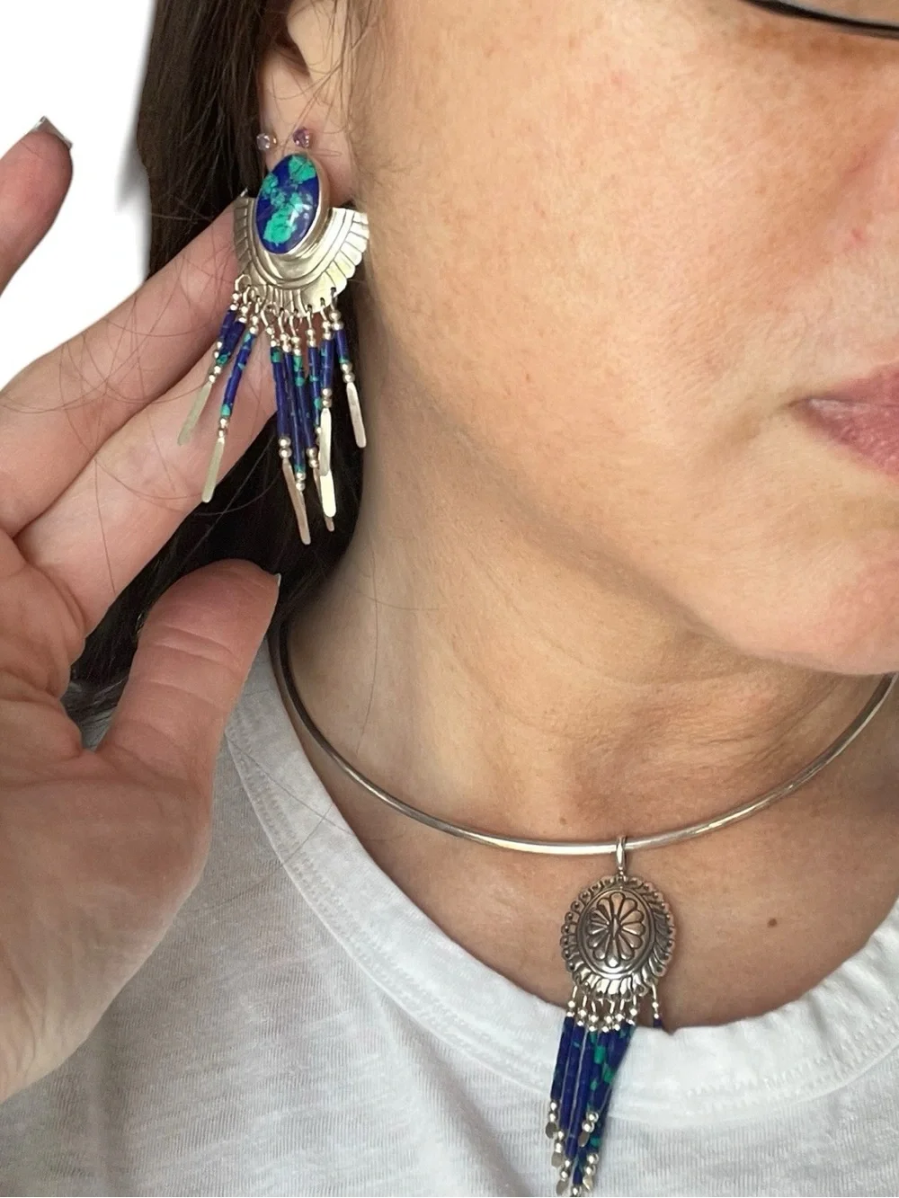 Azurmalachite Sterling Silver Earrings & Concho Pendant Set